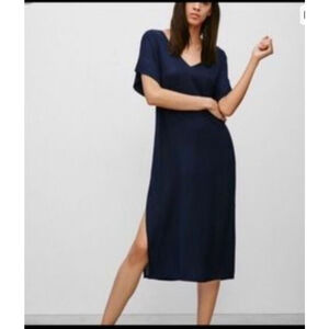 Aritzia Babaton Navy V-Neck Short Sleeve Maxi Dress Side Slit Size L